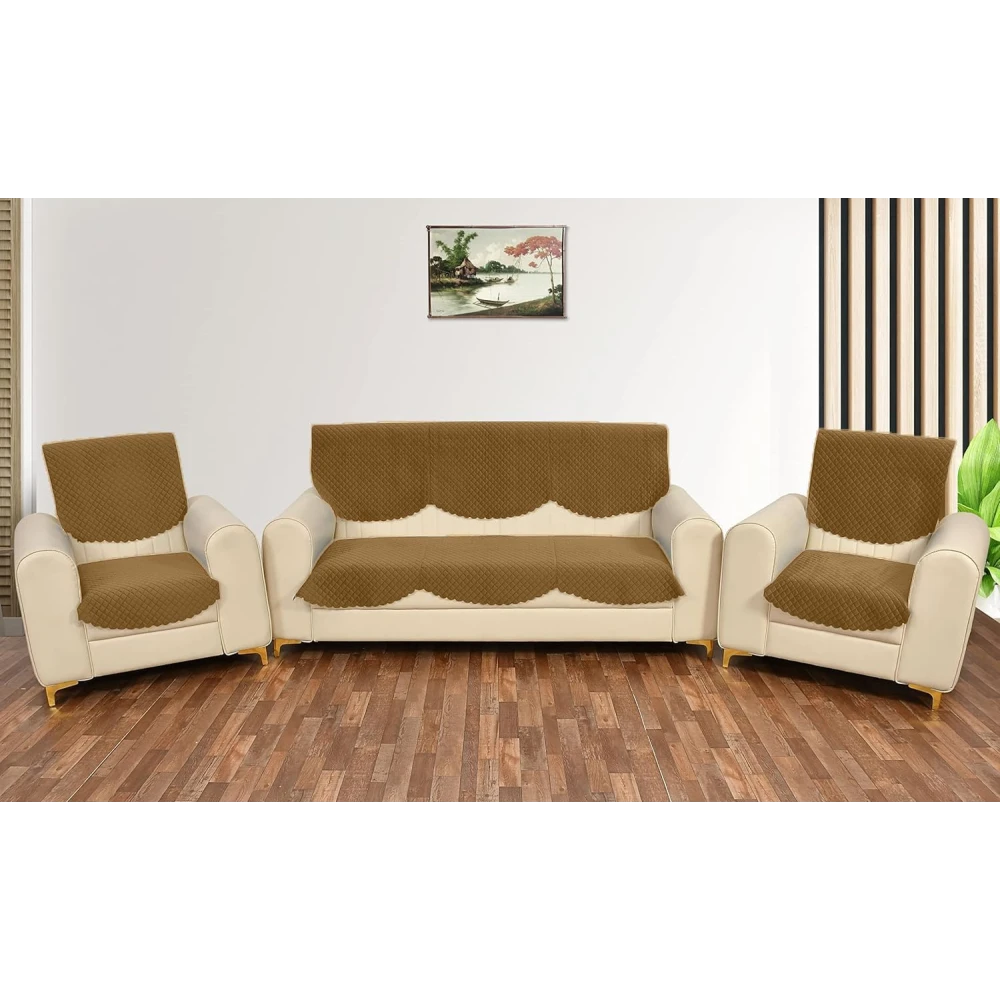 RADECOR ATICUE Solid Color Premium Quilted Sofa Cover Set Sofa Slip Covers/Velvet Sofa Panel (Gold, 5 Seater)