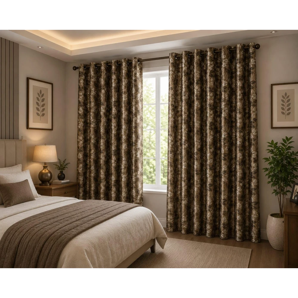 RADECOR Flower Patti Lehar Printed 5ft Window Curtain for Living Room & Bedroom | Premium Polyester Eyelet Curtain | Room Darkening Decorative Curtain | Elegant Leaf Design/Brown/Pack of 2