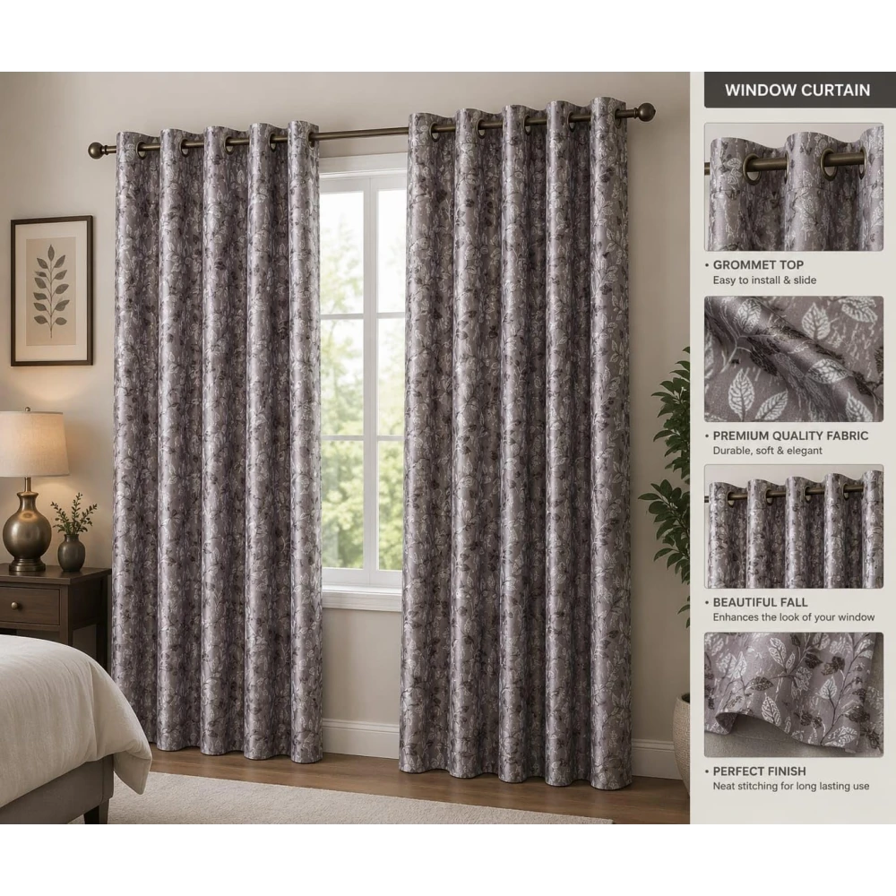 RADECOR Flower Patti Lehar Printed 5ft Window Curtain for Living Room & Bedroom | Premium Polyester Eyelet Curtain | Room Darkening Decorative Curtain | Elegant Leaf Design/Purple/Pack of 2