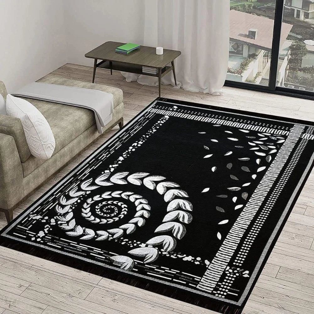RADECOR Spiral Design Sleek Chenille Living Room Carpet | Soft & Spacious Rectangular Area Rug | Anti-Skid, Durable & Easy to Clean | Modern Printed Carpet for Home Décor/Black
