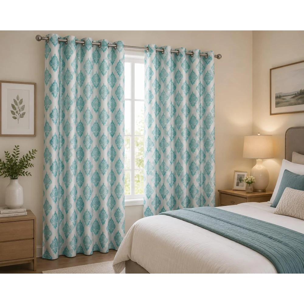 RADECOR Damash Ikat Print 7ft Window Curtain for Living Room & Bedroom | Premium Polyester Eyelet Curtain | Room Darkening Decorative Curtain/Aqua/Pack of 2