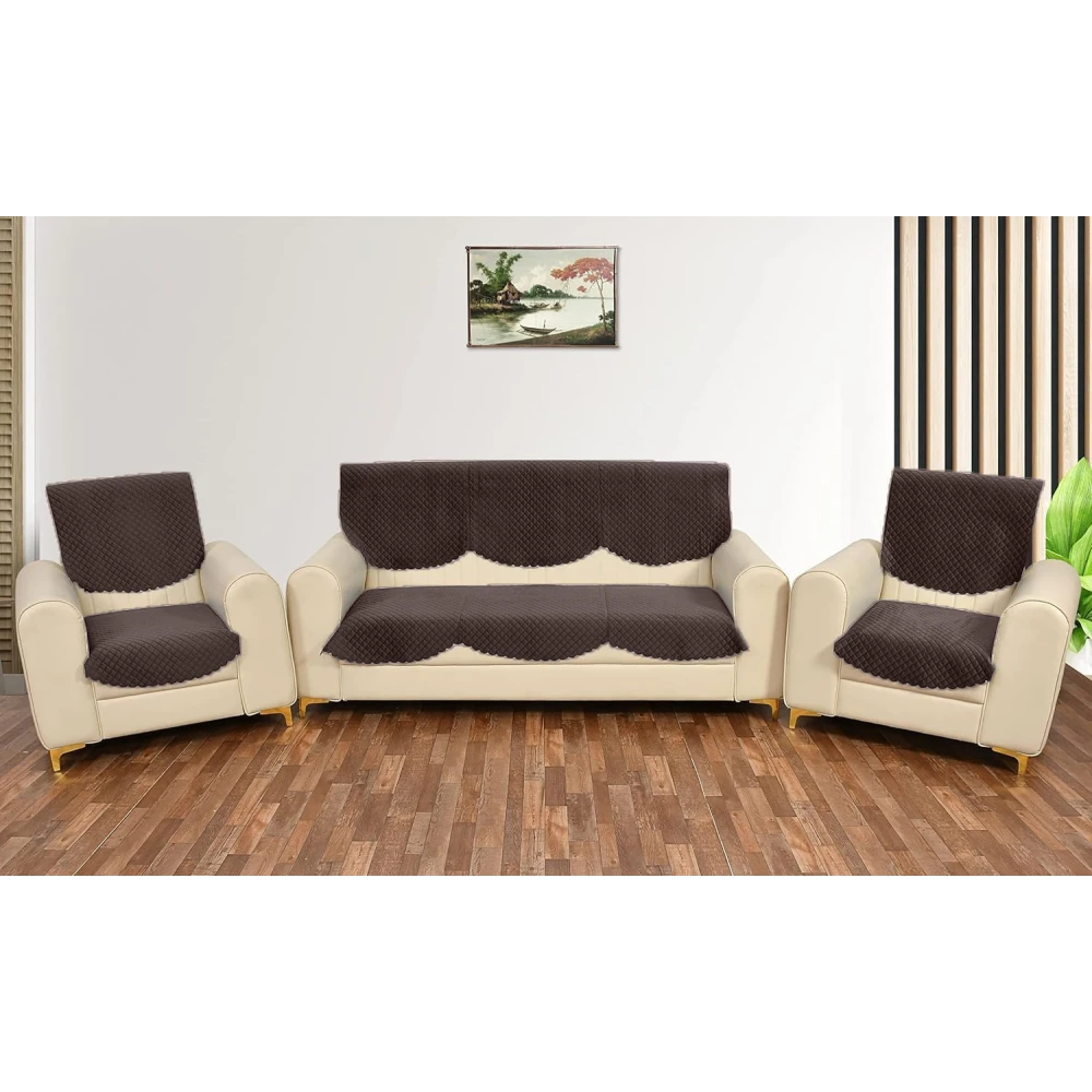 RADECOR ATICUE Solid Color Premium Quilted Sofa Cover Set Sofa Slip Covers/Velvet Sofa Panel (Dark Brown, 5 Seater)