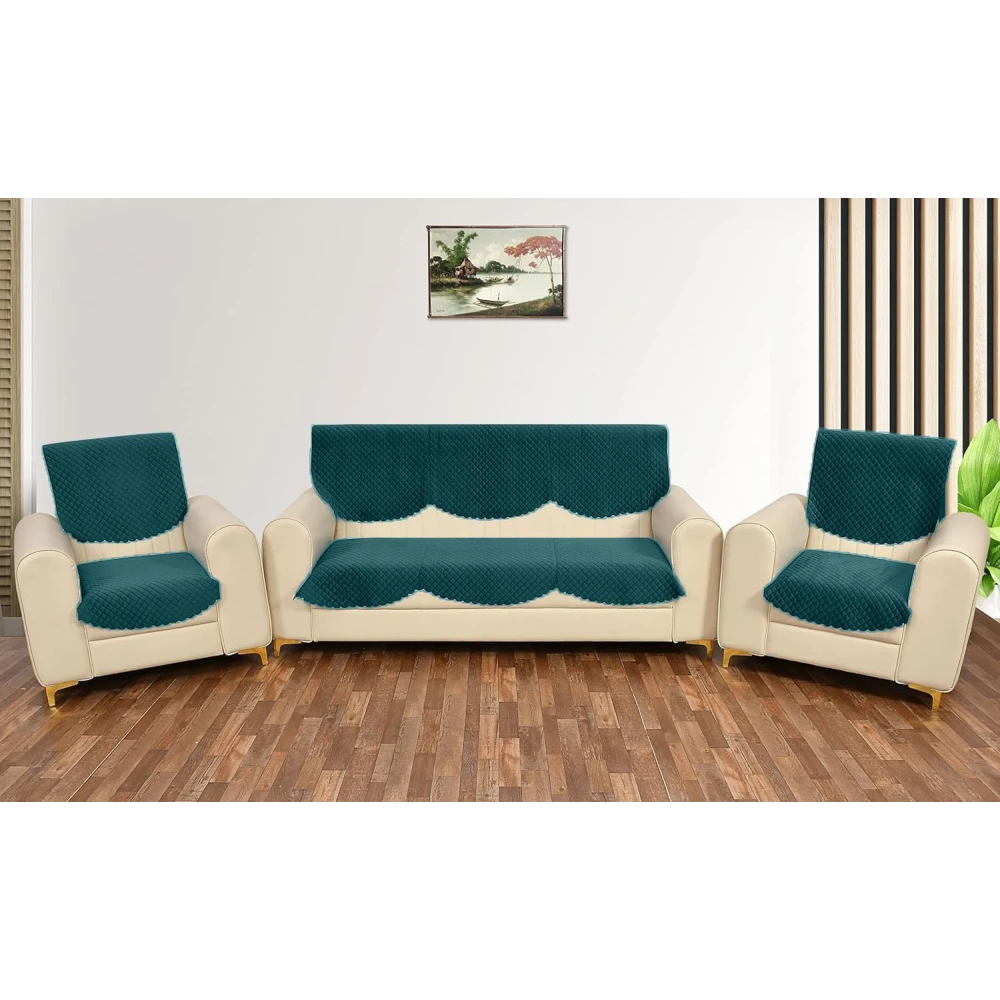 RADECOR ATICUE Solid Color Premium Quilted Sofa Cover Set Sofa Slip Covers/Velvet Sofa Panel (Teal Green, 5 Seater)