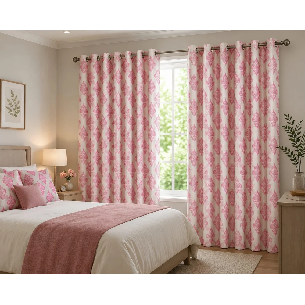 RADECOR Damash Ikat Print 9ft Window Curtain for Living Room & Bedroom | Premium Polyester Eyelet Curtain | Room Darkening Decorative Curtain/Pink/Pack of 2