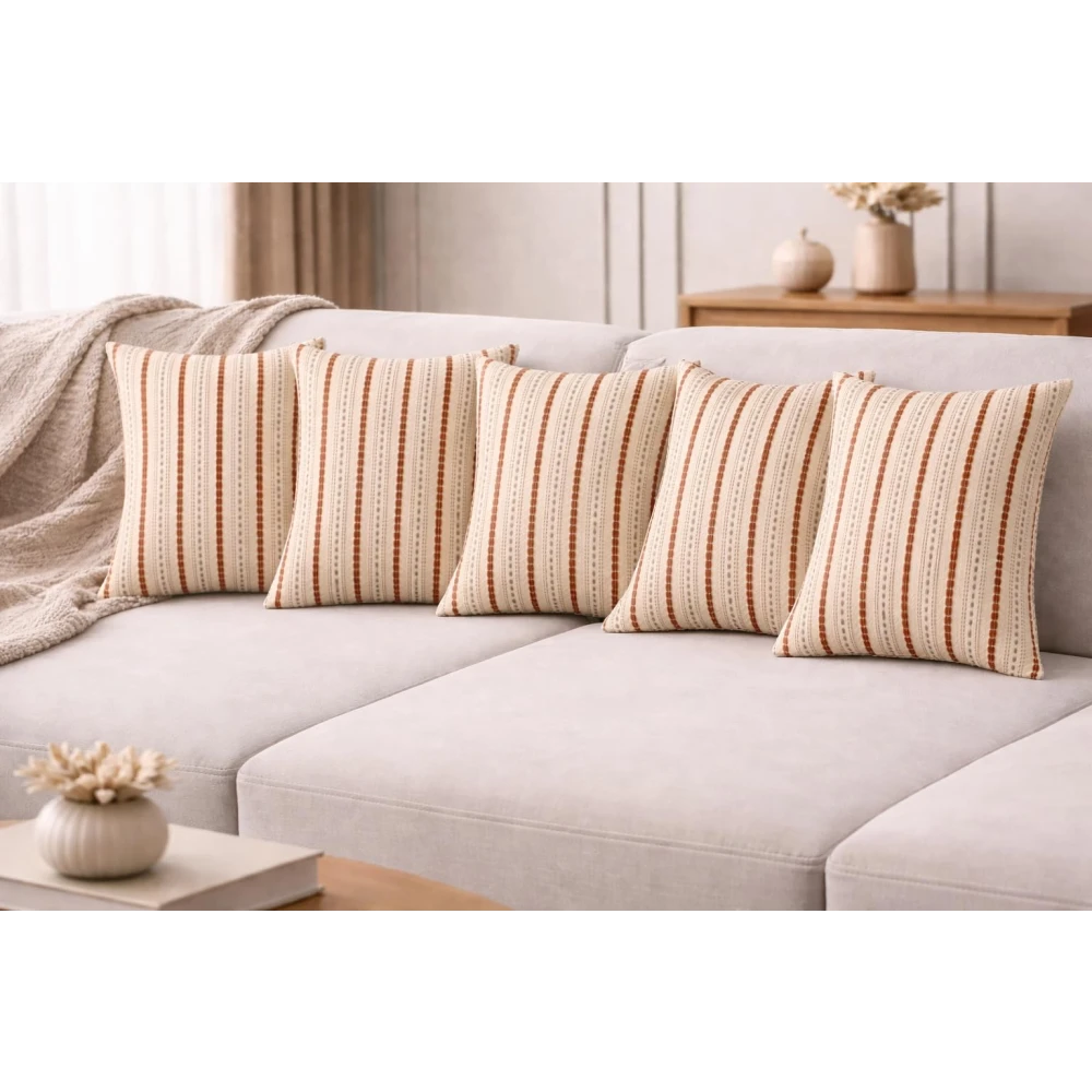 RADECOR Terra Stripe Cushion Cover Set of 5 | Premium Textured Decorative Throw Pillow Covers | Soft Woven Fabric | Hidden Zipper | Modern Boho Farmhouse Sofa Cushion Covers for Living Room, Bedroom