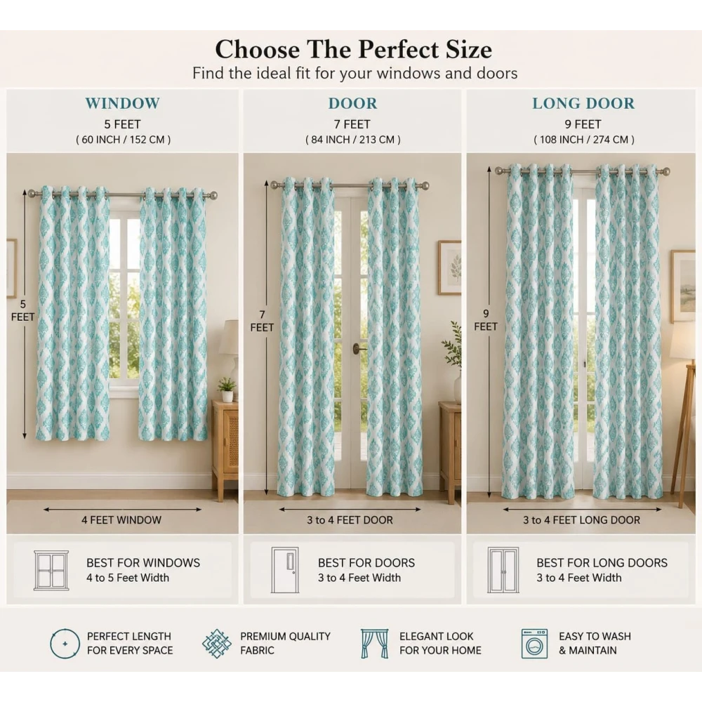 RADECOR Damash Ikat Print 9ft Window Curtain for Living Room & Bedroom | Premium Polyester Eyelet Curtain | Room Darkening Decorative Curtain/Aqua/Pack of 2