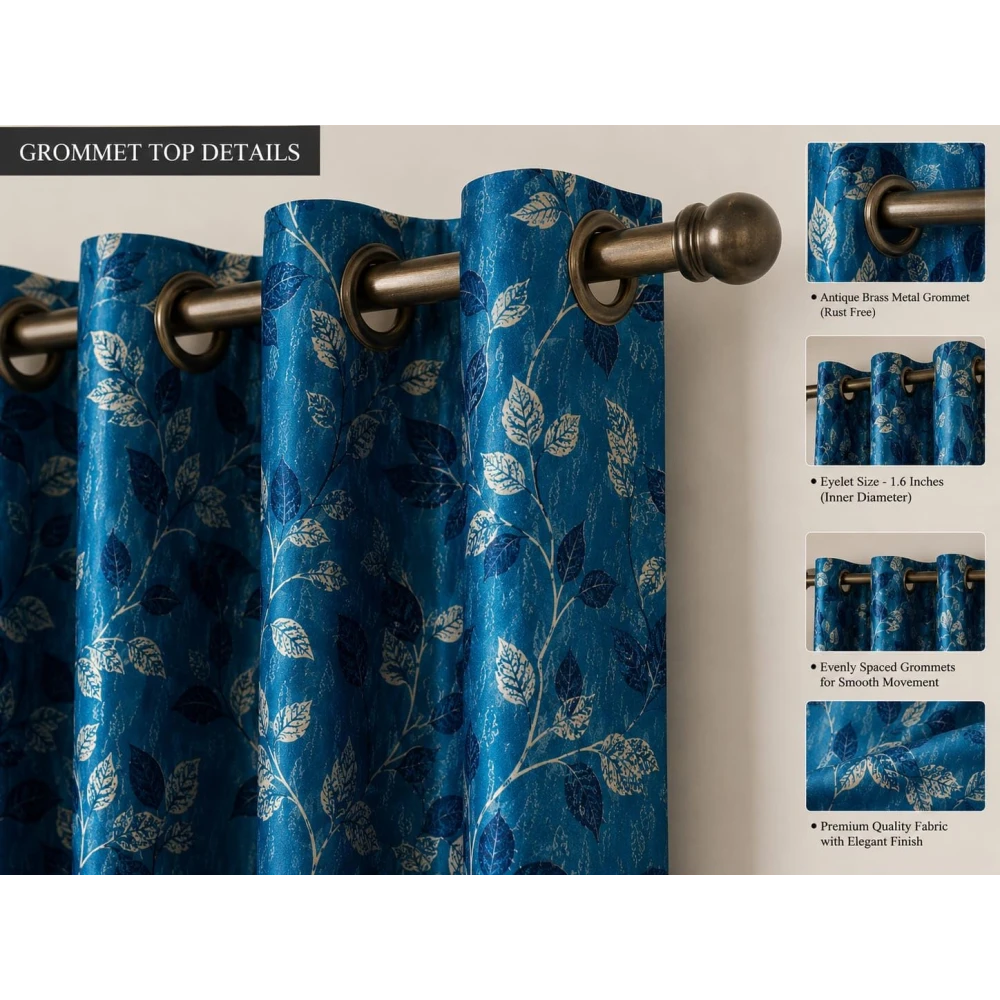 RADECOR Flower Patti Lehar Printed 5ft Window Curtain for Living Room & Bedroom | Premium Polyester Eyelet Curtain | Room Darkening Decorative Curtain | Elegant Leaf Design/Aqua/Pack of 2