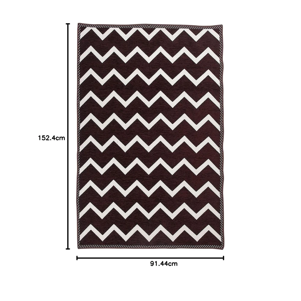 RADECOR Zig Zag Design Sleek and Spacious Rectangular Chenille Carpet with Binding | Area Rug | Durries for Living Room, Bedroom | 5X7 Feet (210 Cmx152 Cm) Brown