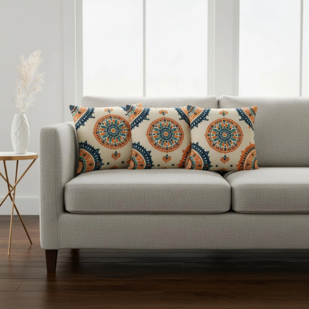 RADECOR Heritage Mandala Medallion Cushion Cover Set of 3 | 16x16 Inches Square Covers | Premium Poly Spun Fabric | Hidden Zipper | Modern Decorative Cushion Covers for Sofa, Living Room & Bedroom