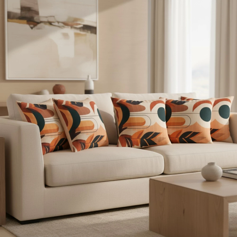 RADECOR Abstract Autumn Leaves Cushion Cover Set of 5 | 16x16 Inches Square Covers | Premium Poly Spun Fabric | Hidden Zipper | Modern Decorative Cushion Covers for Sofa, Living Room & Bedroom