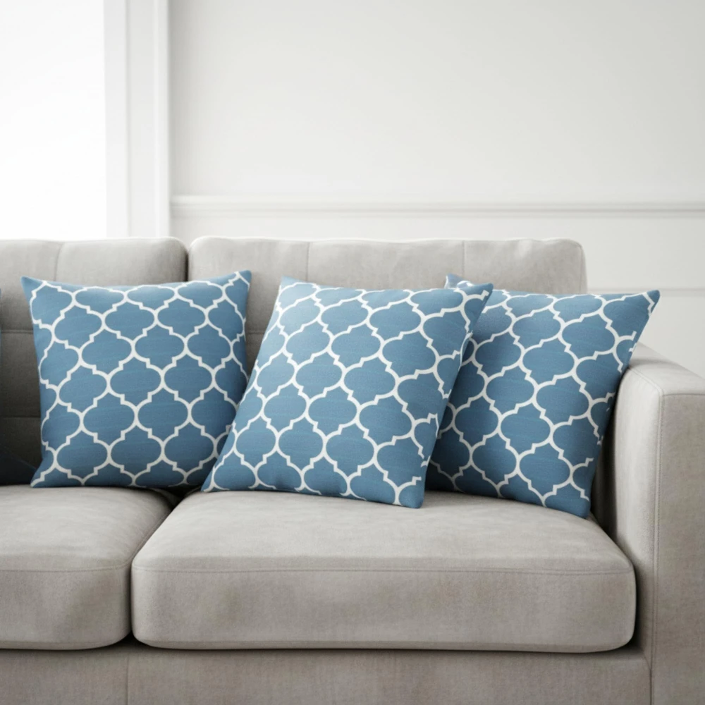 RADECOR Blue Moroccan Trellis Pattern Cushion Cover Set of 3 | 16x16 Inches Square Covers | Premium Poly Spun Fabric | Hidden Zipper | Modern Decorative Cushion Covers for Sofa, Living Room & Bedroom
