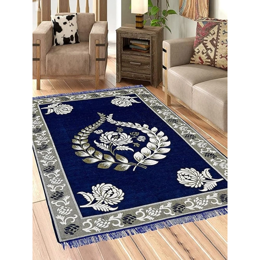 RADECOR Floral Design Rectangular Chenille Carpet, Navy Blue, 5X7 Feet
