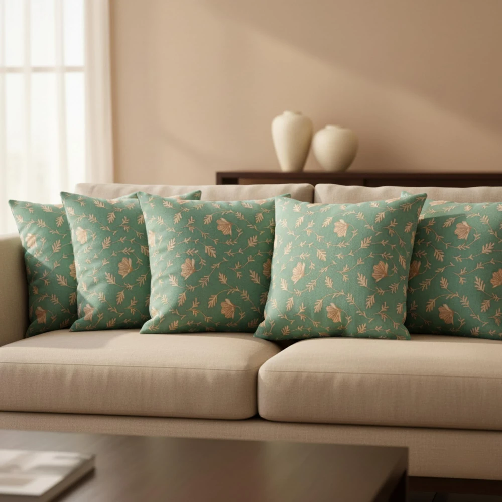 RADECOR Sage Vine Floral Cushion Cover Set of 5 | 16x16 Inches Square Covers | Premium Poly Spun Fabric | Hidden Zipper | Modern Decorative Cushion Covers for Sofa, Living Room & Bedroom