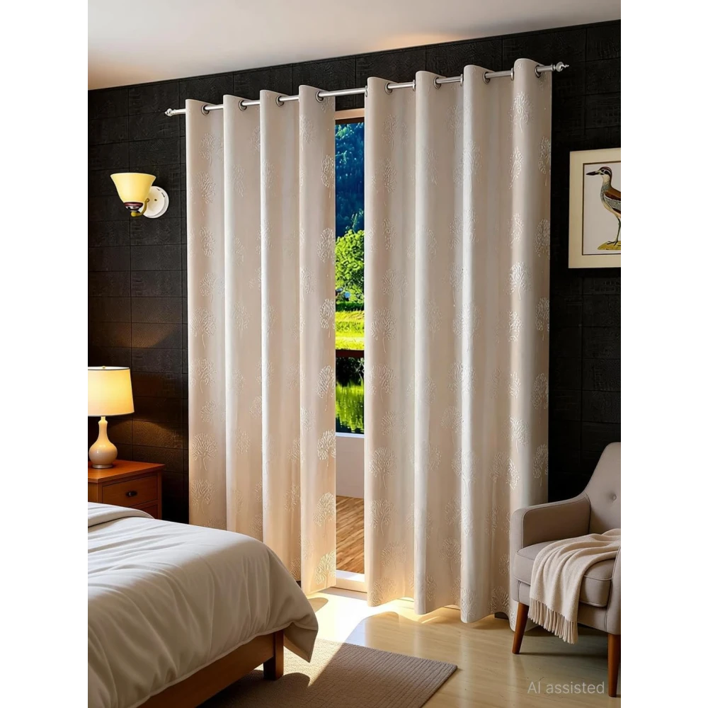 RADECOR Modern Tree Punch Print 9ft Polyester Curtain | Eyelet Window & Door Curtain for Living Room, Bedroom & Office | Elegant Home Décor/Cream/Pack of 2