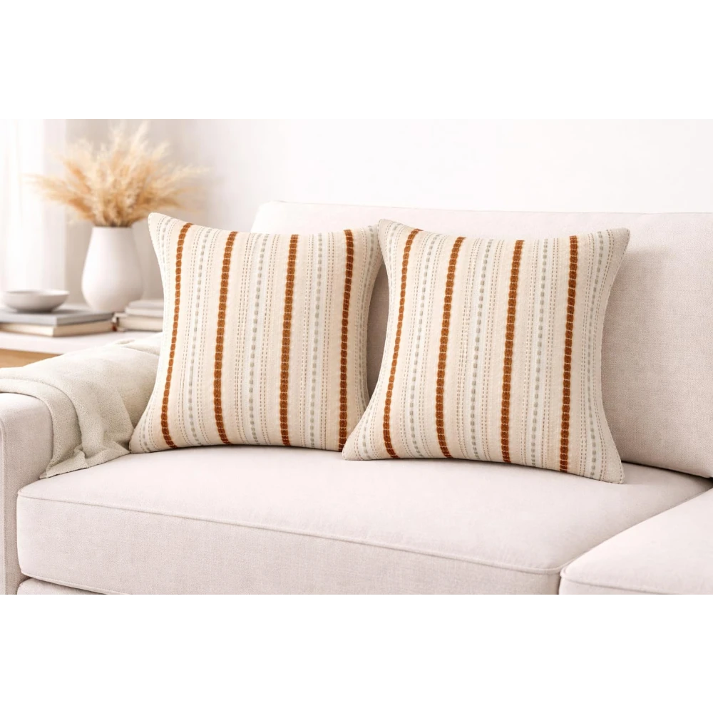 RADECOR Terra Stripe Cushion Cover Set of 3 | Premium Textured Decorative Throw Pillow Covers | Soft Woven Fabric | Hidden Zipper | Modern Boho Farmhouse Sofa Cushion Covers for Living Room, Bedroom