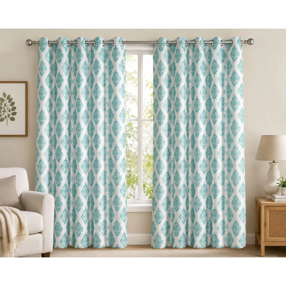 RADECOR Damash Ikat Print 7ft Window Curtain for Living Room & Bedroom | Premium Polyester Eyelet Curtain | Room Darkening Decorative Curtain/Aqua/Pack of 2
