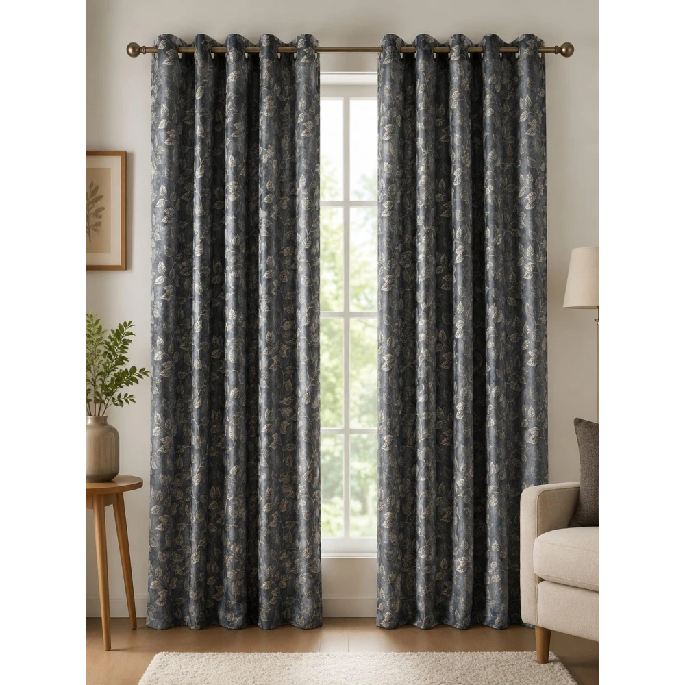 RADECOR Flower Patti Lehar Printed 7ft Window Curtain for Living Room & Bedroom | Premium Polyester Eyelet Curtain | Room Darkening Decorative Curtain | Elegant Leaf Design/Grey/Pack of 2