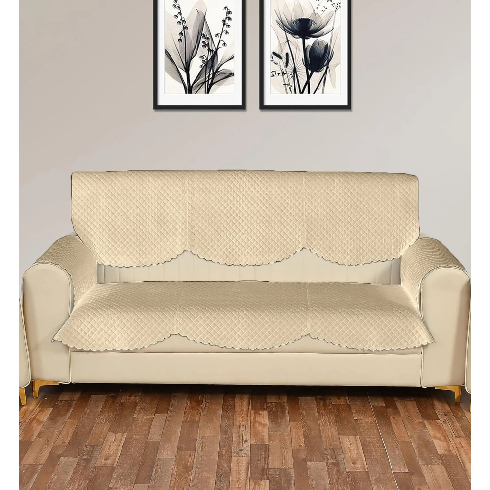 RADECOR ATICUE Solid Color Premium Quilted Sofa Cover Set Sofa Slip Covers/Velvet Sofa Panel (Beige, 3 Seater + Arm Cover)