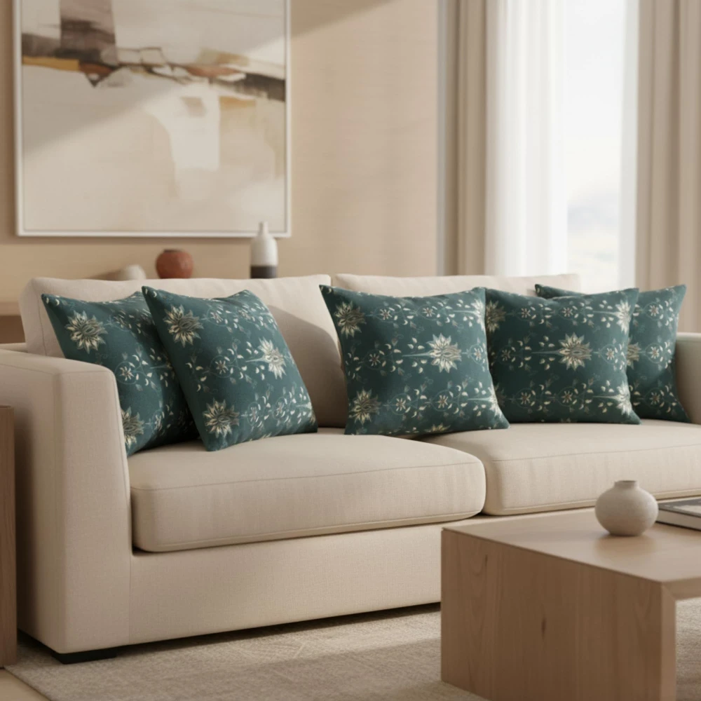 RADECOR Midnight Lotus Vine Cushion Cover Set of 2 | 16x16 Inches Square Covers | Premium Poly Spun Fabric | Hidden Zipper | Modern Decorative Cushion Covers for Sofa, Living Room & Bedroom