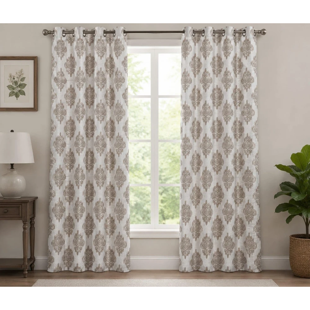 RADECOR Damash Ikat Print 5ft Window Curtain for Living Room & Bedroom | Premium Polyester Eyelet Curtain | Room Darkening Decorative Curtain/Brown/Pack of 2