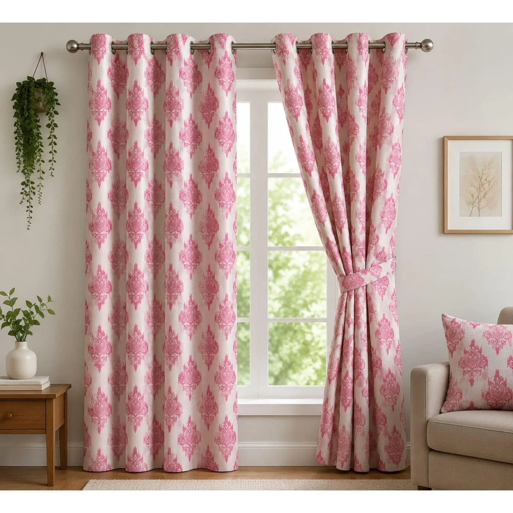 RADECOR Damash Ikat Print 5ft Window Curtain for Living Room & Bedroom | Premium Polyester Eyelet Curtain | Room Darkening Decorative Curtain/Pink/Pack of 2