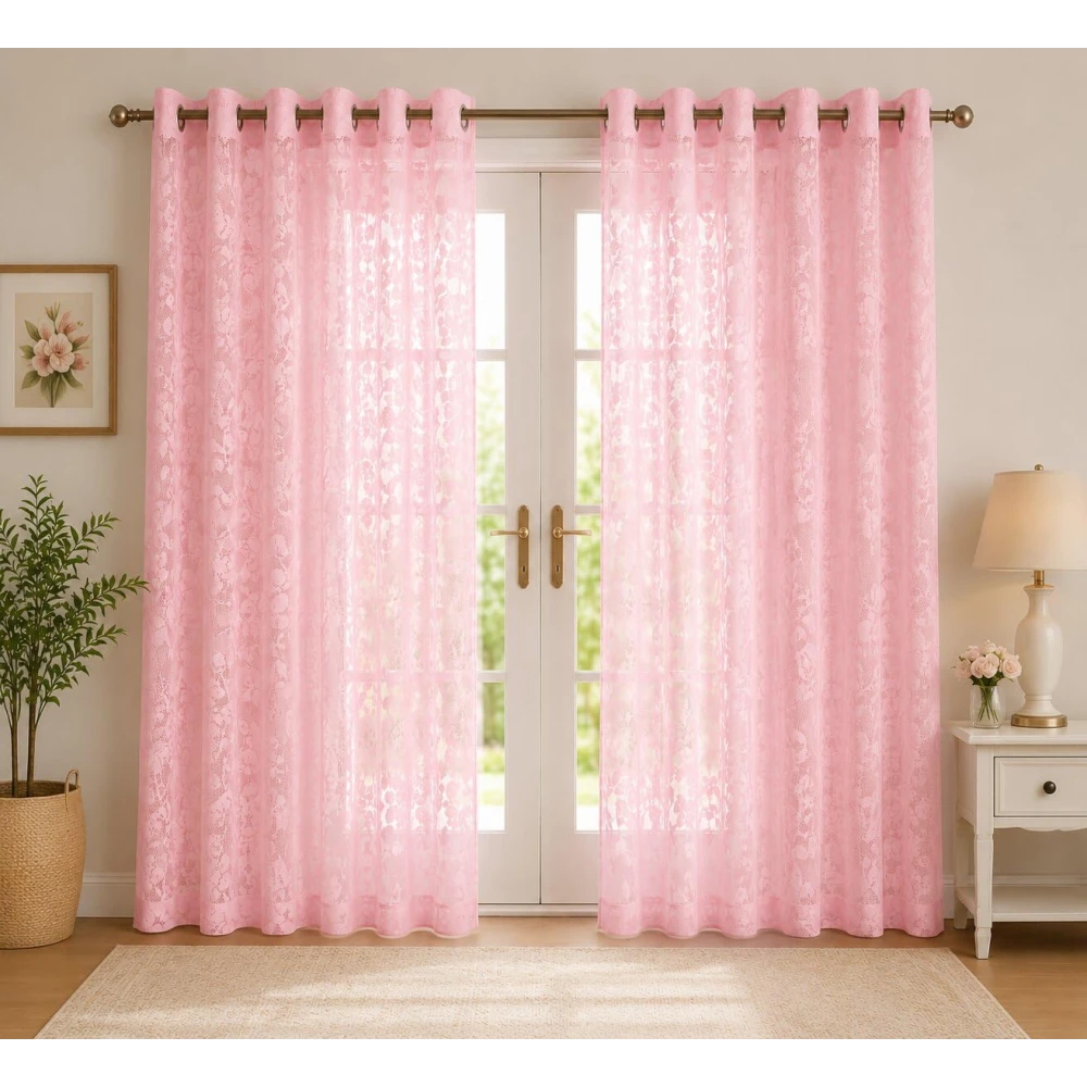 RADECOR Knitting Patta Leaf Print 9ft Polyester Curtain | Decorative Eyelet Curtain for Living Room, Bedroom & Office | Premium Room Darkening Window & Door Curtain/Pink/Pack of 2