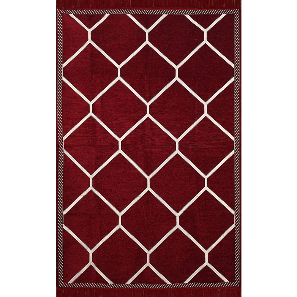 RADECOR Diamond Design Sleek and Spacious Rectangular Chenille Carpet with Binding | Area Rug | Durries for Living Room, Bedroom |5X7 Feet (210 Cmx152 Cm) Maroon