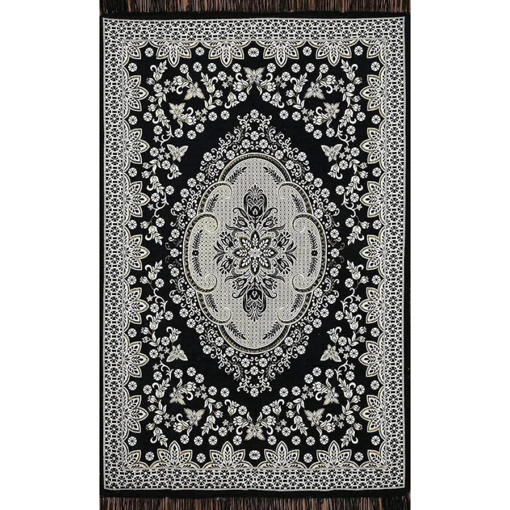 RADECOR World 6D Ethnic Premium Living Room Carpet with Bindings, Area Rug, Sleek and Spacious Rectangular (5X7, Maroon, Chenille, Pack of 1) (210 Cmx152 Cm) (Black)