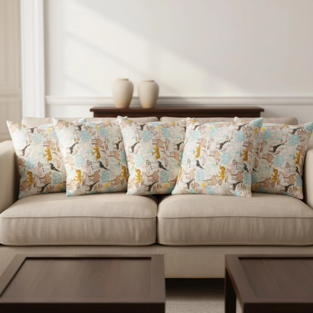 RADECOR Safari Animal Printed Cushion Cover Set of 5 | 16x16 Inches Square Covers | Premium Poly Spun Fabric | Hidden Zipper | Modern Decorative Cushion Covers for Sofa, Living Room & Bedroom
