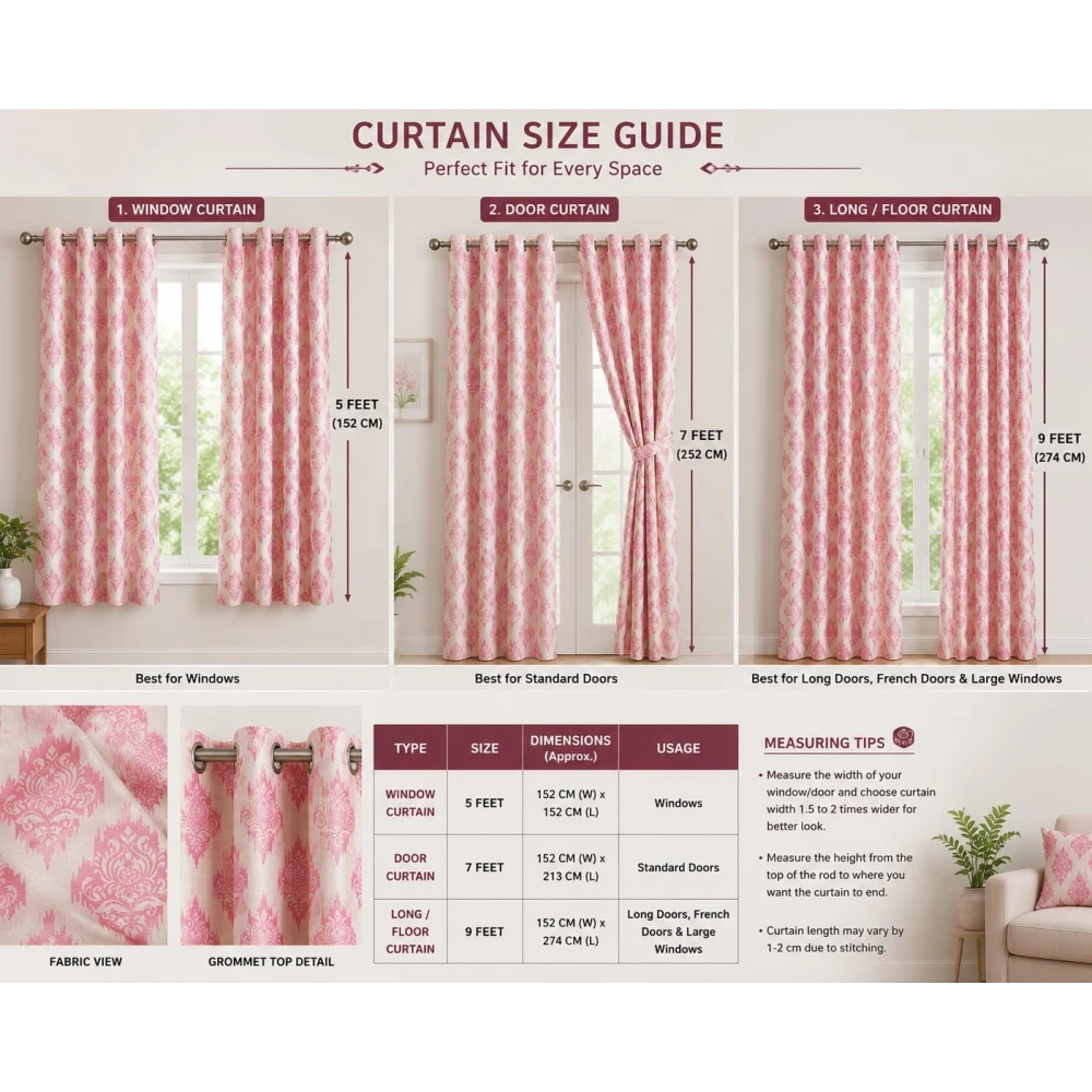 RADECOR Damash Ikat Print 9ft Window Curtain for Living Room & Bedroom | Premium Polyester Eyelet Curtain | Room Darkening Decorative Curtain/Pink/Pack of 2