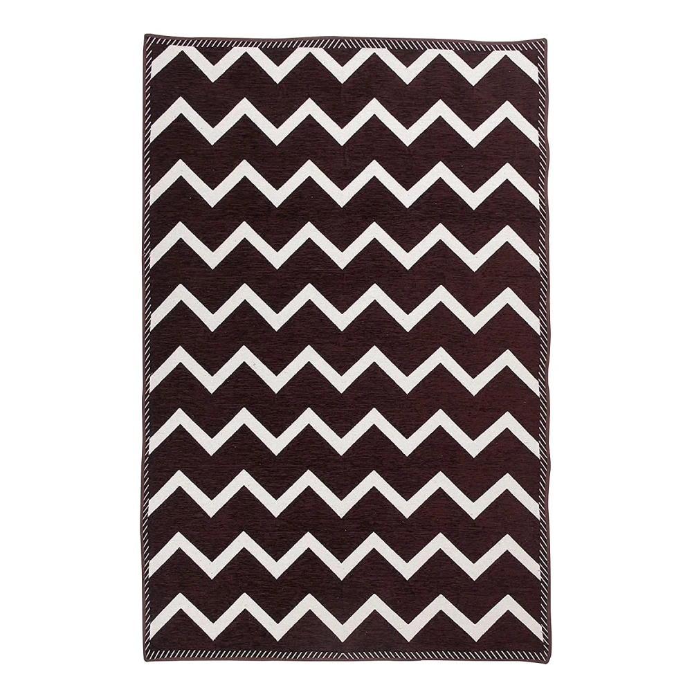 RADECOR Zig Zag Design Sleek and Spacious Rectangular Chenille Carpet with Binding | Area Rug | Durries for Living Room, Bedroom | 5X7 Feet (210 Cmx152 Cm) Brown
