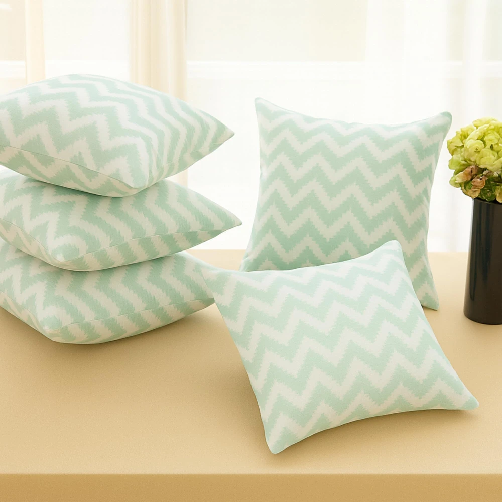 RADECOR Pastel Mint Zigzag Pattern Cushion Cover Set of 5 | 16x16 Inches Square Covers | Premium Poly Spun Fabric | Hidden Zipper | Modern Decorative Cushion Covers for Sofa, Living Room & Bedroom