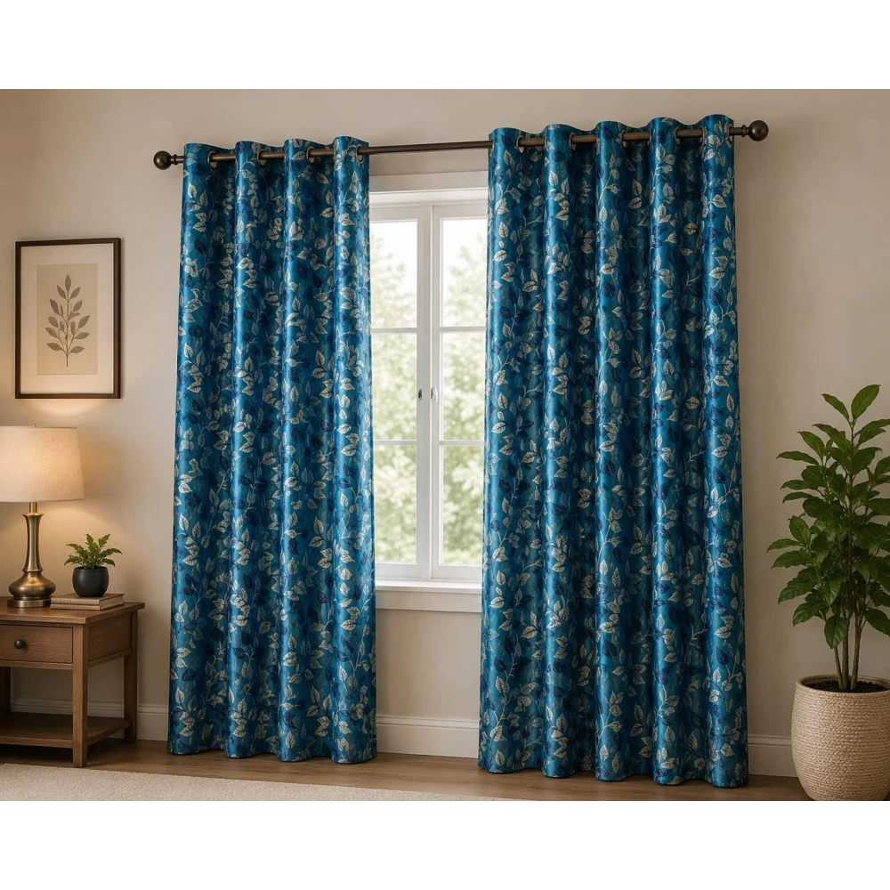 RADECOR Flower Patti Lehar Printed 7ft Window Curtain for Living Room & Bedroom | Premium Polyester Eyelet Curtain | Room Darkening Decorative Curtain | Elegant Leaf Design/Aqua/Pack of 2