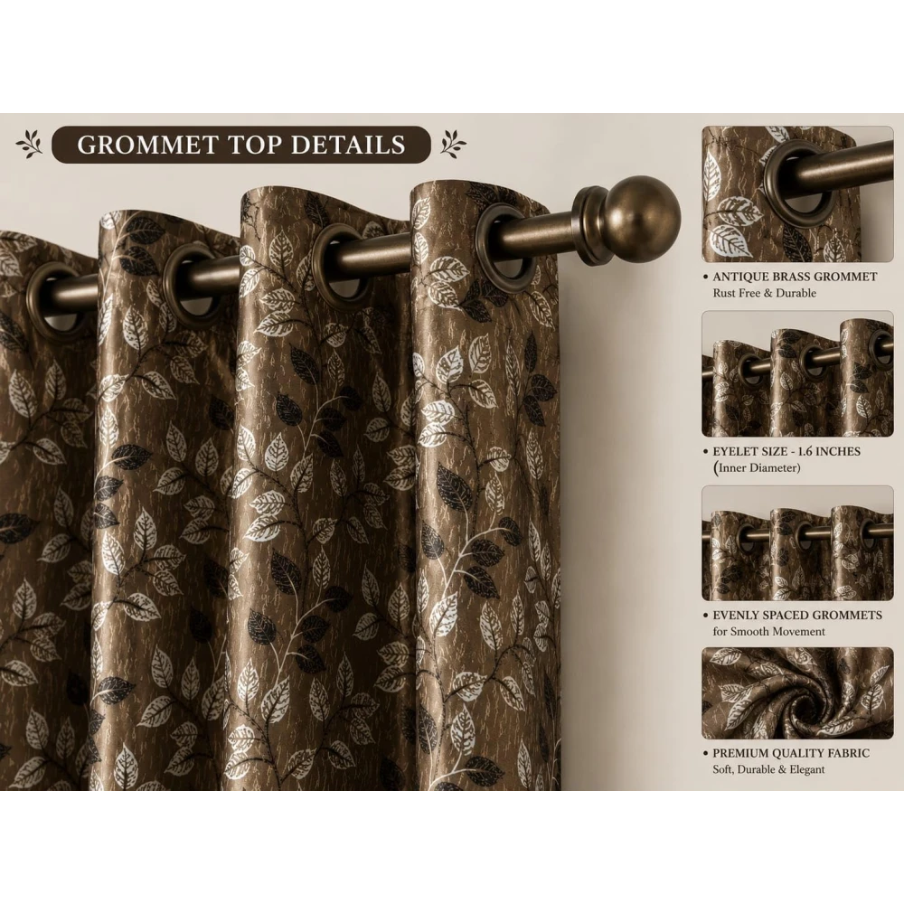 RADECOR Flower Patti Lehar Printed 7ft Window Curtain for Living Room & Bedroom | Premium Polyester Eyelet Curtain | Room Darkening Decorative Curtain | Elegant Leaf Design/Brown/Pack of 2