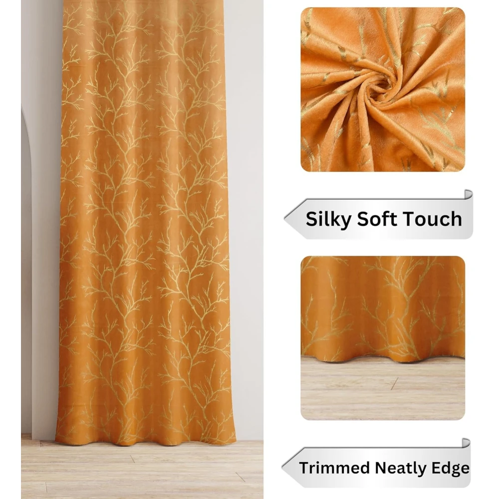RADECOR Velvet 5ft Door & Window Curtain | Luxury Soft Fabric | Room Darkening | Noise Reducing | Machine Washable | Modern Home Décor/Gold/Pack of 2