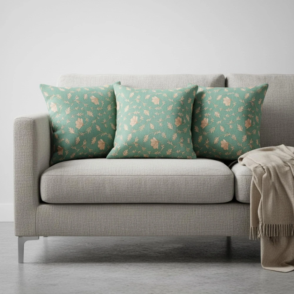 RADECOR Sage Vine Floral Cushion Cover Set of 2 | 16x16 Inches Square Covers | Premium Poly Spun Fabric | Hidden Zipper | Modern Decorative Cushion Covers for Sofa, Living Room & Bedroom