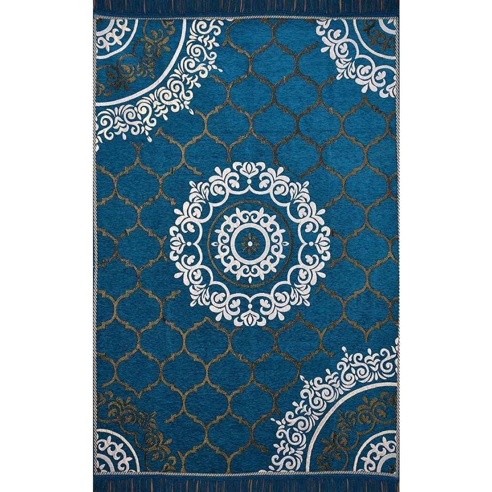 RADECOR World Premium Sleek and Spacious Rectangular Chennille Living Room Carpet with Binding, Area Rug, Durries II (5X7 Feet) (213 Cmx152 Cm) (Firozi)