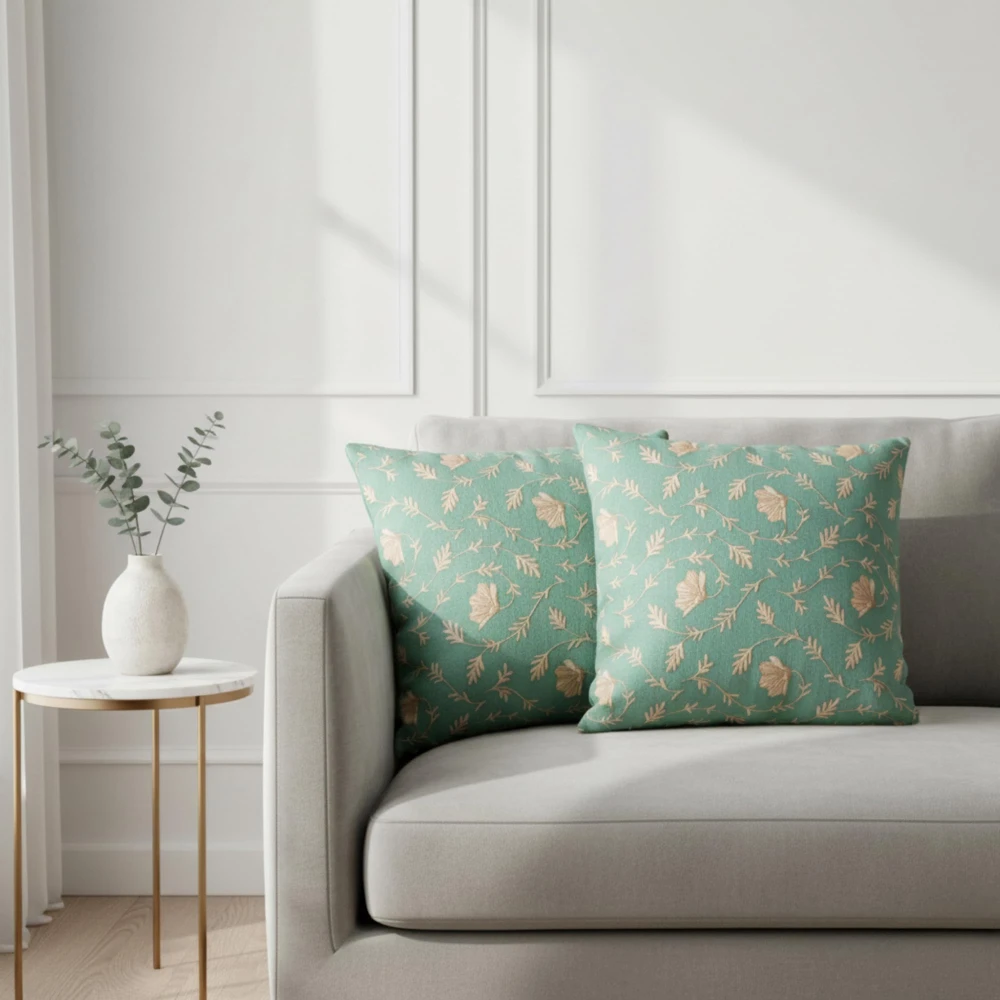 RADECOR Sage Vine Floral Cushion Cover Set of 3 | 16x16 Inches Square Covers | Premium Poly Spun Fabric | Hidden Zipper | Modern Decorative Cushion Covers for Sofa, Living Room & Bedroom
