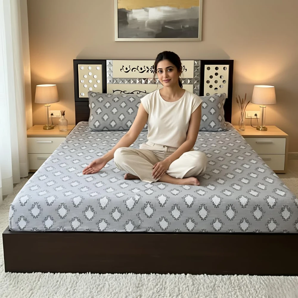 RADECOR Premium Polycotton Diamond Grey Bedsheet with 2 Pillow Covers | Soft & Breathable Fabric | Machine Washable | King Size | Ideal for Daily Use