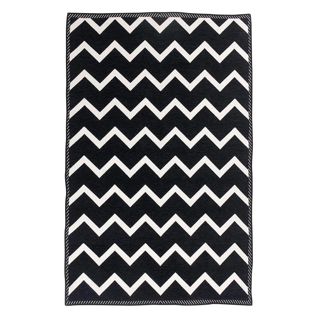RADECOR Zig Zag Design Sleek and Spacious Rectangular Chenille Carpet with Binding | Area Rug | Durries for Living Room, Bedroom | 5X7 Feet (210 Cmx152 Cm) Black