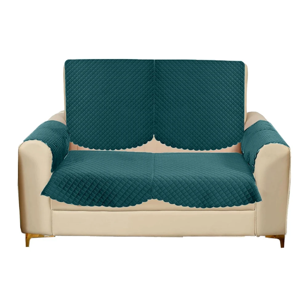 RADECOR ATICUE Solid Color Premium Quilted Sofa Cover Set Sofa Slip Covers/Velvet Sofa Panel (Teal Green, 2 Seater + Arm Cover)