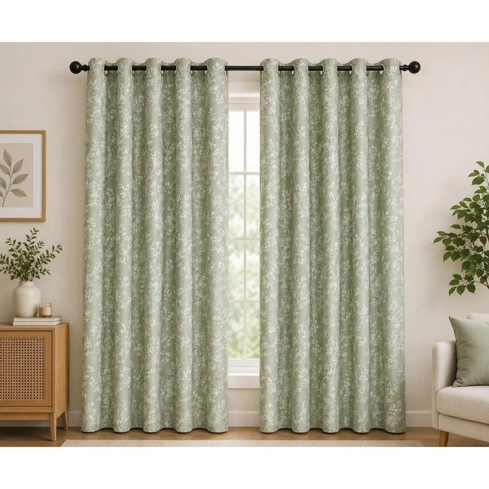 RADECOR Floral Print 5ft Window Curtain for Living Room & Bedroom | Premium Polyester Eyelet Curtain | Room Darkening Decorative Curtain Panel | Modern Home Décor/Light Green/Pack of 2