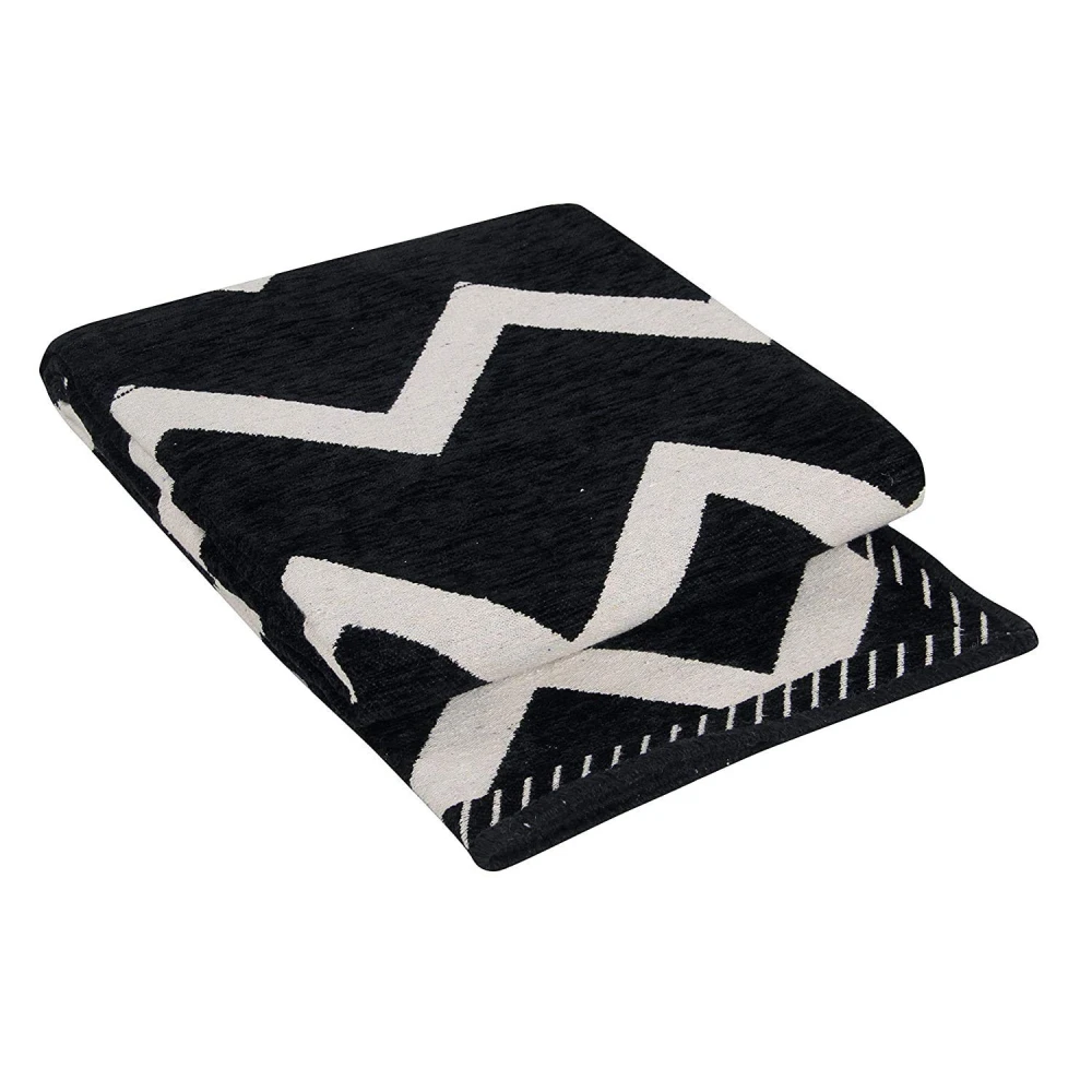 RADECOR Zig Zag Design Sleek and Spacious Rectangular Chenille Carpet with Binding | Area Rug | Durries for Living Room, Bedroom | 5X7 Feet (210 Cmx152 Cm) Black