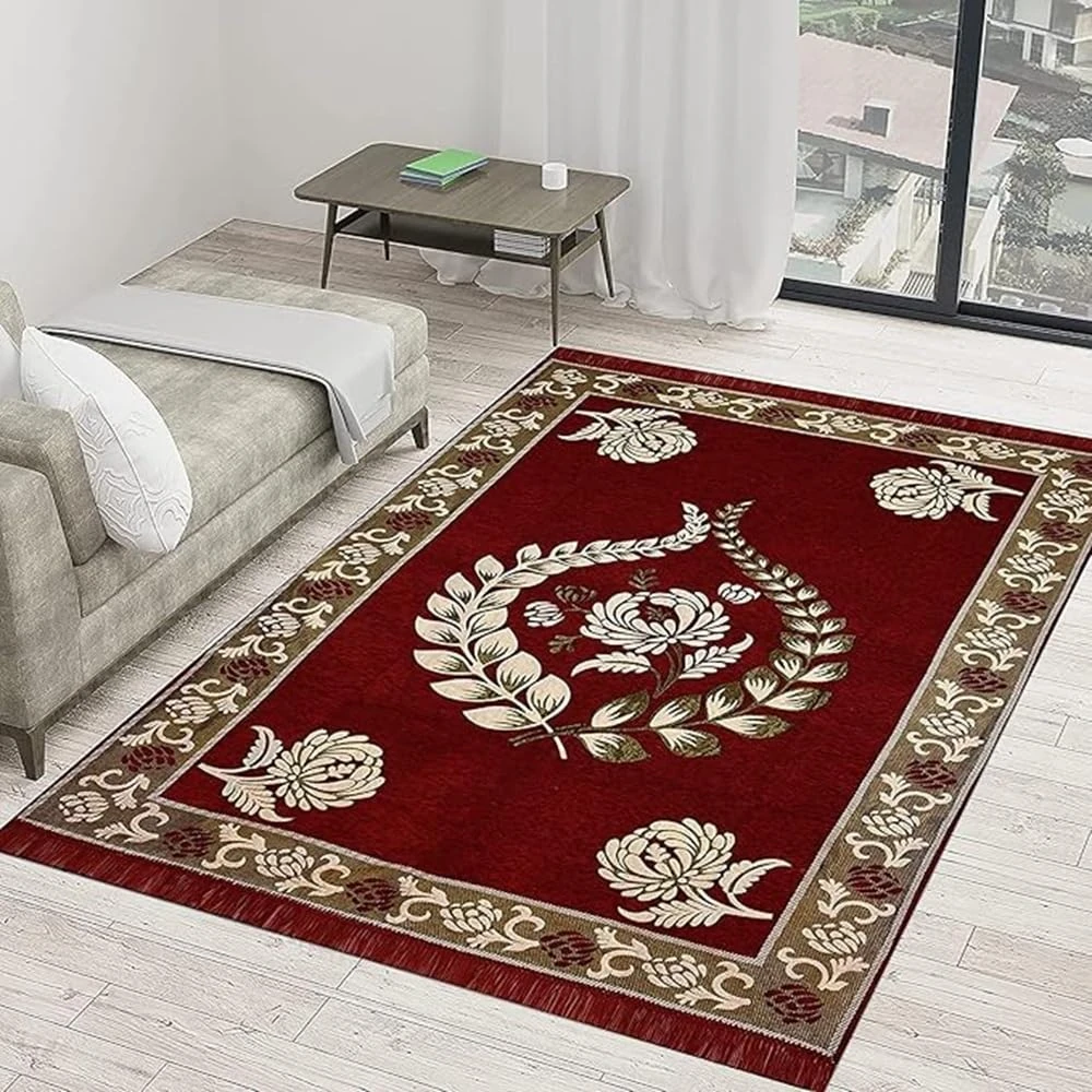 RADECOR Floral Design Sleek and Spacious Rectangular Chenille Carpet with Binding | Area Rug | Durries for Living Room, Bedroom |5X7 Feet (210 Cmx152 Cm) Maroon