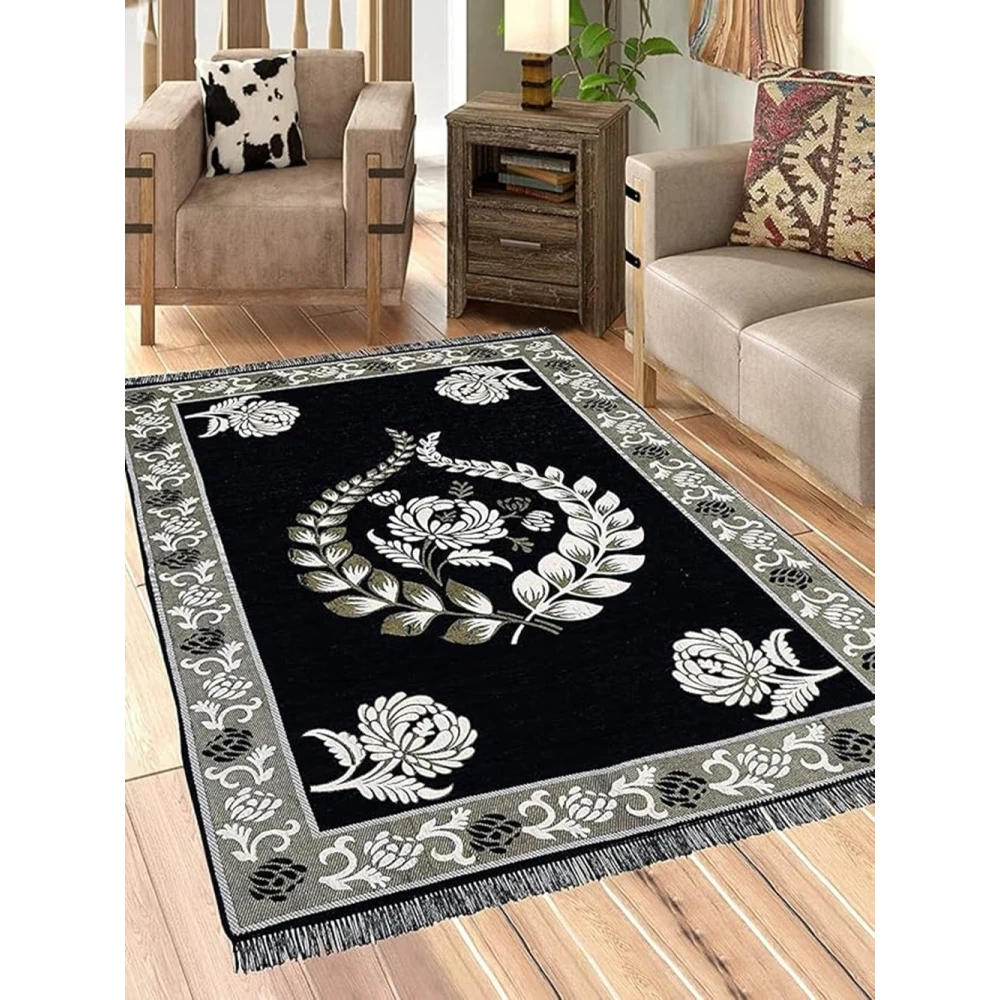 RADECOR Floral Design Sleek and Spacious Rectangular Chenille Carpet with Binding | Area Rug | Durries for Living Room, Bedroom |5X7 Feet (210 Cmx152 Cm) Black