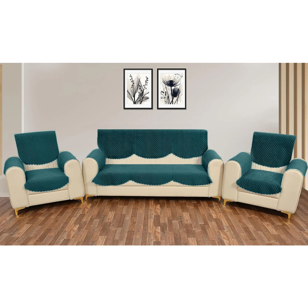 RADECOR ATICUE Solid Color Premium Quilted Sofa Cover Set Sofa Slip Covers/Velvet Sofa Panel (Teal Green, 5 Seater + Arm Cover)