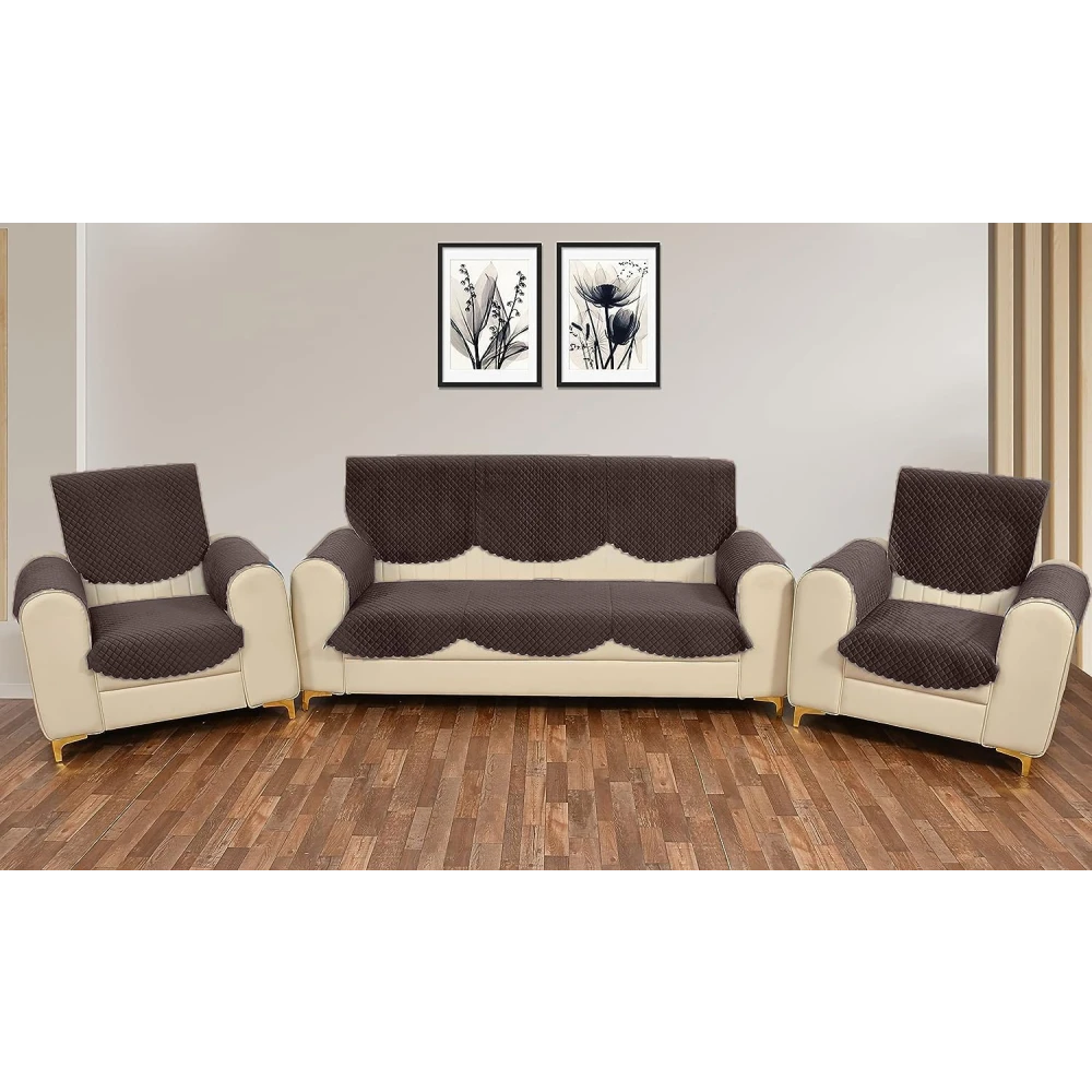 RADECOR ATICUE Solid Color Premium Quilted Sofa Cover Set Sofa Slip Covers/Velvet Sofa Panel (Dark Brown, 5 Seater + Arm Cover)