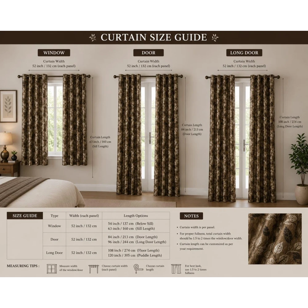 RADECOR Flower Patti Lehar Printed 9ft Window Curtain for Living Room & Bedroom | Premium Polyester Eyelet Curtain | Room Darkening Decorative Curtain | Elegant Leaf Design/Brown/Pack of 2