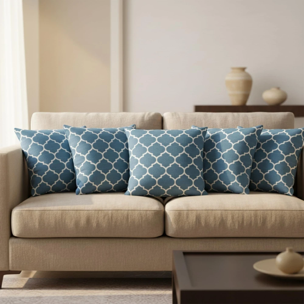 RADECOR Blue Moroccan Trellis Pattern Cushion Cover Set of 5 | 16x16 Inches Square Covers | Premium Poly Spun Fabric | Hidden Zipper | Modern Decorative Cushion Covers for Sofa, Living Room & Bedroom