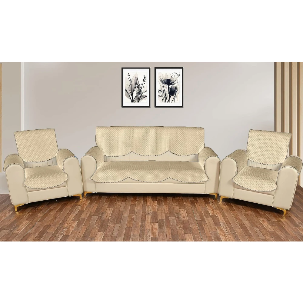 RADECOR ATICUE Solid Color Premium Quilted Sofa Cover Set Sofa Slip Covers/Velvet Sofa Panel (Beige, 5 Seater + Arm Cover)